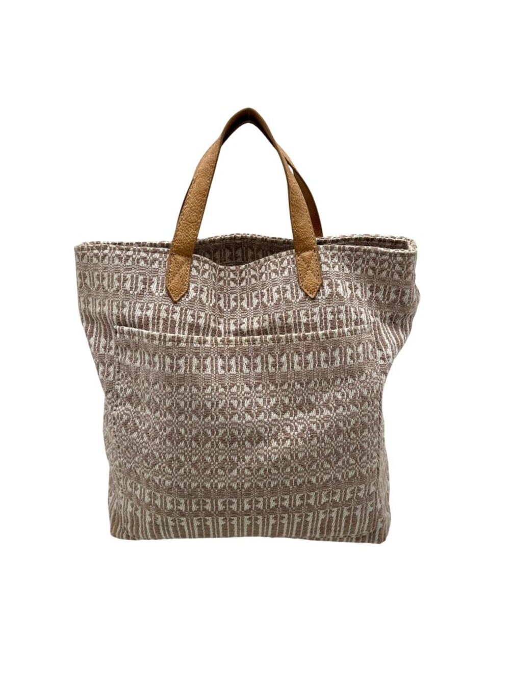 Beige and White Canvas Fabric Tote Bag